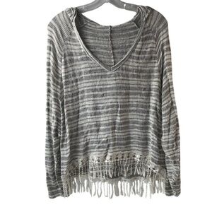 Poof Women's M Gray Striped Hooded Sweater with Fringe Trim